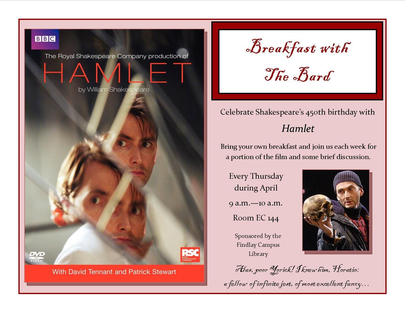 Promoting a breakfast event themed around Shakespeare's "Hamlet," featuring a production with David Tennant and Patrick Stewart, the flyer invites participants to enjoy discussions and screenings in celebration of Shakespeare's 450th birthday.
