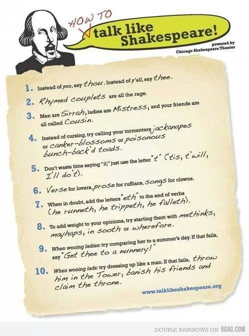 A playful guide titled "How to Talk Like Shakespeare!" outlines ten whimsical tips for adopting the language and style of Shakespearean dialogue, featuring humorous substitutions and suggestions for enhancing one's speech.