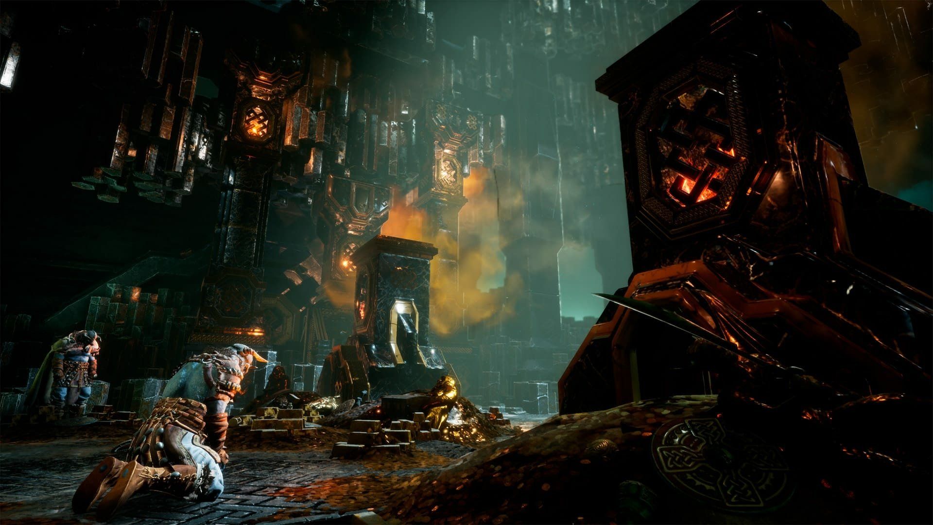 A lone figure kneels on the ground amidst ancient ruins adorned with intricate glowing patterns, while others stand in the shadows, surrounded by a mystical atmosphere of dark stone and flickering light.